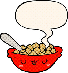 cute cartoon bowl of cereal and speech bubble in comic book style