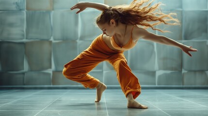 Modern jazz dancer young girl wearing orange costume or woman with long hair passionately dancing wild dance on grey sunlit studio or dancing room background