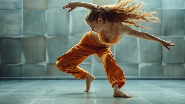 Modern jazz dancer young girl wearing orange costume or woman with long hair passionately dancing wild dance on grey sunlit studio or dancing room background