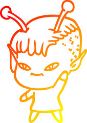 warm gradient line drawing cute cartoon alien girl