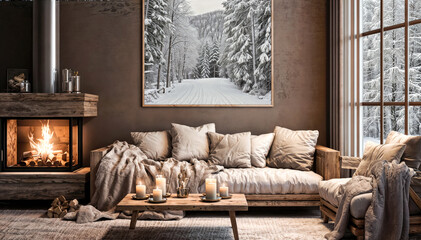 3d render of living room interior with fireplace and christmas decoration