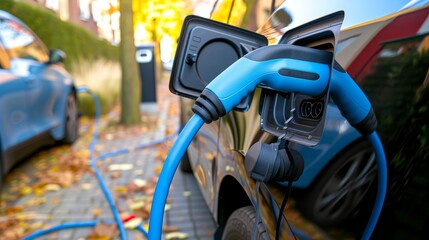 Close-up, Electric car is parked at a charging station with the power cable supply plugged