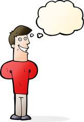 cartoon grinning man with thought bubble