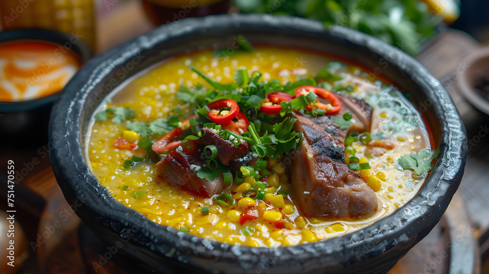 Wall mural Spicy pork rib soup with fresh herbs