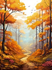 Beautiful forest fall landscape illustration made with Generative AI 