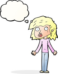 Fototapeta premium cartoon girl shrugging shoulders with thought bubble