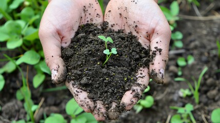 closeup hand of person holding abundance soil with young plant