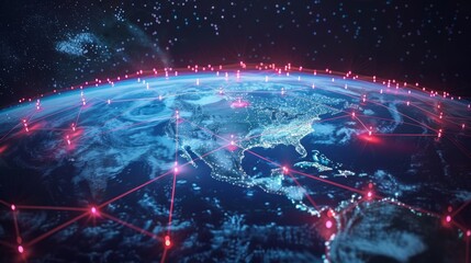 3D Illustration of Earth with Network Lines and Nodes Spanning Across Continents in a Dark Space Setting