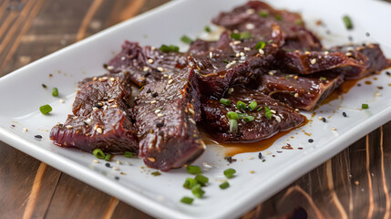 Marinated beef slices on plate