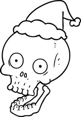 line drawing of a skull wearing santa hat