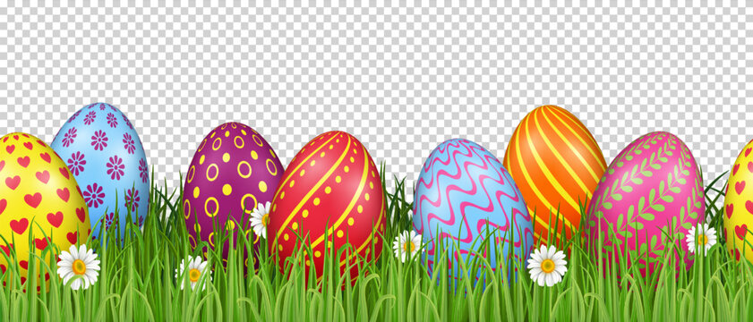 Happy Easter seamless border with realistic colorful easter eggs, green grass and chamomile on transparent background. Template Easter banner.