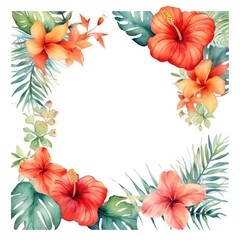 square frame of watercolor tropical flowers and leaves on white background.