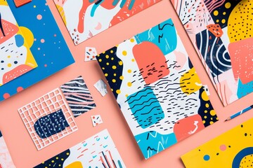 Colorful abstract stationery collection with vibrant patterns and creative layouts on pink background