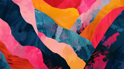 Colorful Abstract Waves in Vivid Pink, Orange, and Blue Tones with Textured Brush Strokes
