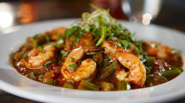 Appetizing shrimp stir fry with vegetables on plate