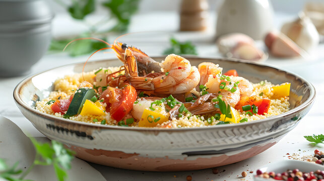 Gourmet shrimp and couscous dish on table