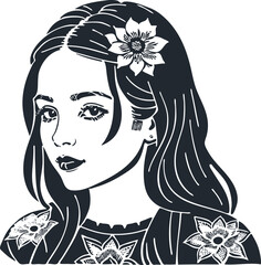 Young brunette woman with a flower on her head, vector illustration - 751471708