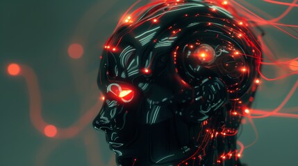 Futuristic Red-Lit Black Robot Head Profile