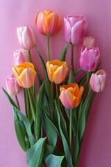 Overhead view of a beautiful bouquet of tulips with various hues, portraying the beauty of spring