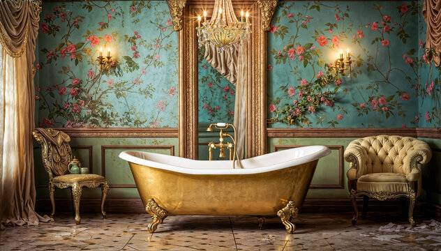 A luxurious bathroom with a gold bathtub, crystal chandelier, and marble floors The walls are covered in a green floral wallpaper