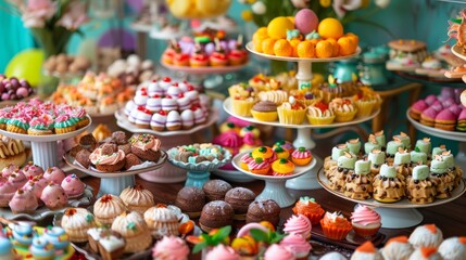 Easter brunch, breakfast food easter party buffet. various traditional easter sweets