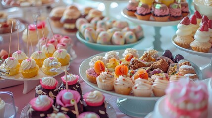 A beautifully arranged Easter dessert buffet featuring cupcakes, pastries, and Easter candies in various pastel colors, ready for celebration.
