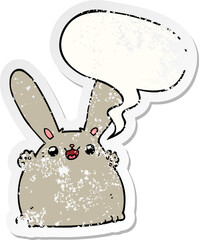 cartoon rabbit and speech bubble distressed sticker
