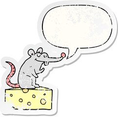 cartoon mouse sitting on cheese and speech bubble distressed sticker
