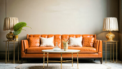 Living room interior with brown leather sofa, coffee table and gold chandelier
