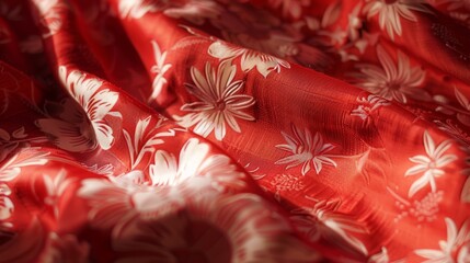 Radiant Red Fabric with White Hawaiian Floral Motifs, Detailed Embroidery on Shimmering Textile