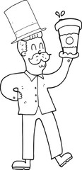 black and white cartoon man with coffee cup