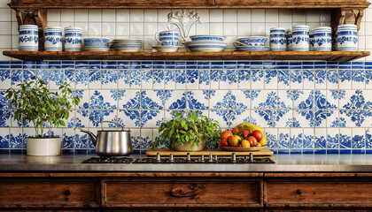 A beautiful kitchen with blue and white tiles, a wooden shelf, and a stainless steel countertop On the countertop is a kettle, a cutting board with tomatoes, and some potted plants