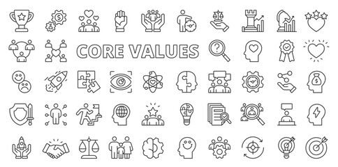 Fototapeta na wymiar Core values icons in line design. Growth, business, icons, infographic, focus, creativity, gear, core, optimism, goal isolated on white background vector. Core values editable stroke icons.