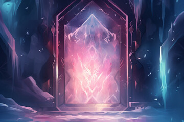 A frozen doorway adorned with ice sculptures of mythical creatures illuminated by a trail of fire leading through it dark fantasy flat design soft lighting tarot card