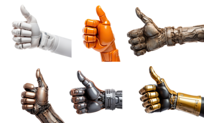 Set of gesturing thumbs up robot hands, cut out