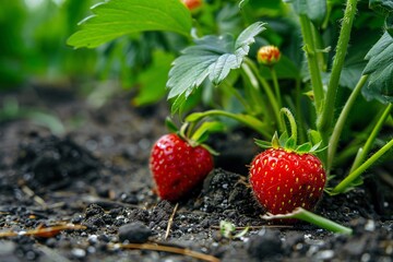 a group of strawberries growing in the dirt