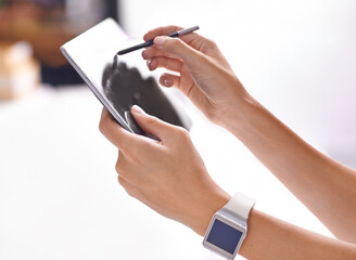 Closeup, hand and writing on digital tablet for signature, application form or online document in office. Graphic designer, person or pen for drawing, creative sketch and design app on screen display