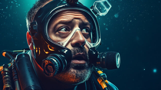 A scuba diver underwater relying on their oxygen tank and regulator for breathing Double exposure blend mode Bad side