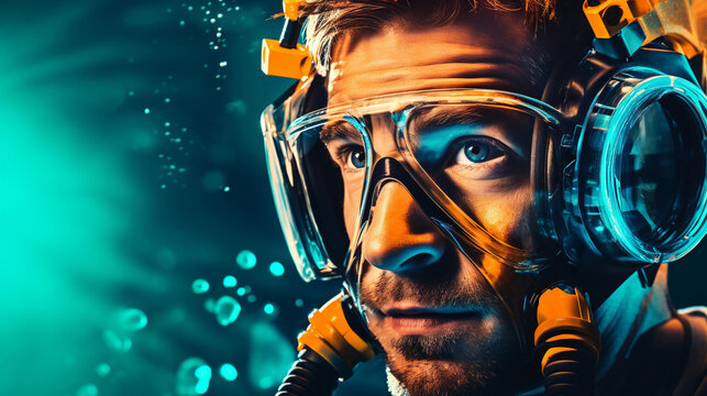 A scuba diver underwater relying on their oxygen tank and regulator for breathing Double exposure blend mode Bad side