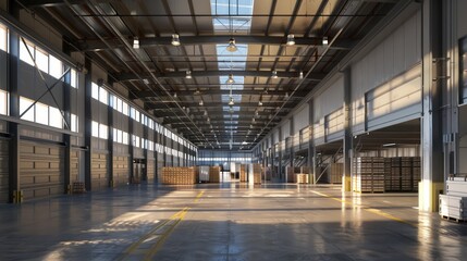 Naklejka premium logistics distribution center with high ceilings and rows of inventory