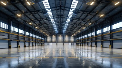 logistics distribution center with high ceilings and rows of inventory - obrazy, fototapety, plakaty
