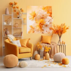 living room with flowers fall decor themed, interior in a pastel orange and yellow palette