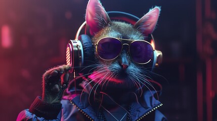 fantasy cat portrait in sunglasses and headphones