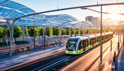 modern tram system is a convenient and efficient way to get around The trams are clean, comfortable, and reliable, and they run frequently. The tram system is also a great way to see the city - obrazy, fototapety, plakaty