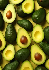 Many fresh ripe avocados on pastel background,top view  food concept Generative Ai.