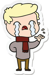 Obraz na płótnie Canvas sticker of a cartoon man crying wearing winter scarf