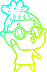 cold gradient line drawing cartoon woman wearing glasses