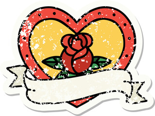 traditional distressed sticker tattoo of a heart rose and banner