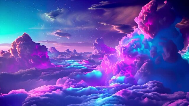 Futuristic neon sky background with clouds. Approach movement.