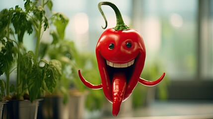 Smiling red chili cartoon with big eyes
